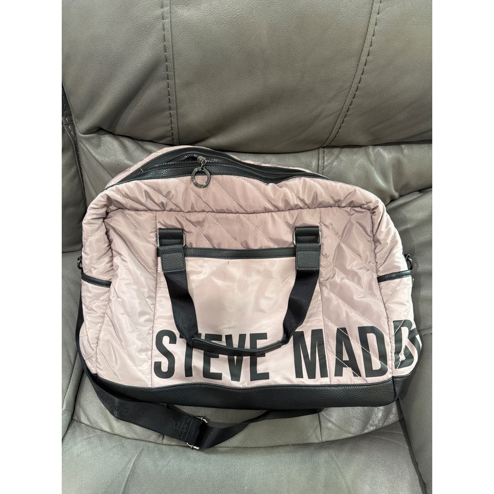 Steve Madden‎ Blush Pink Quilted Puffer Duffel Bag Weekender Black Logo Travel